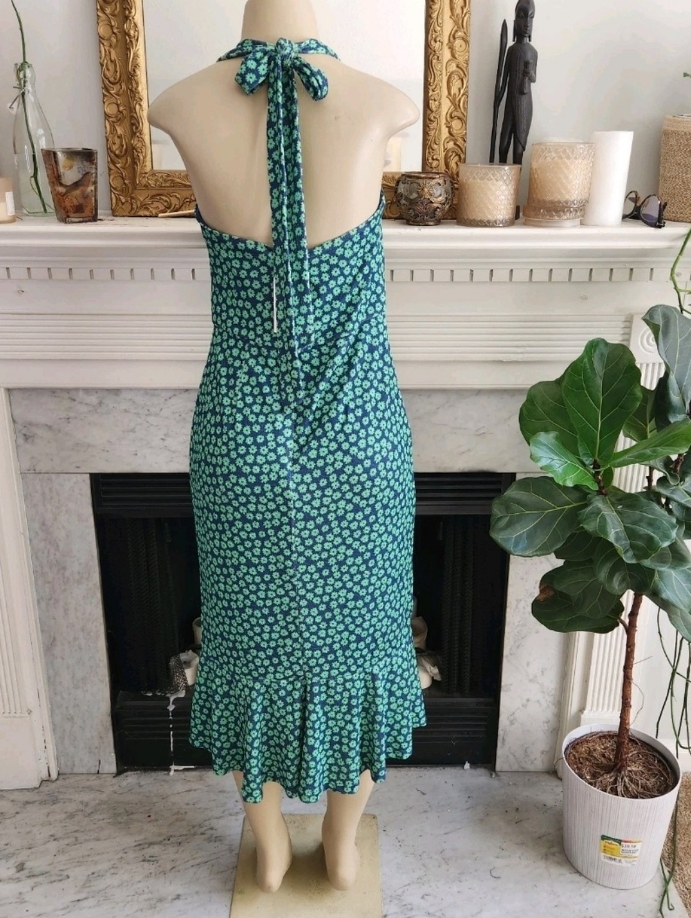 Anthropologie Hutch Blue Floral Dress Sz Medium Green Halter Ruffle Stretch Midi - Picture 4 of 8